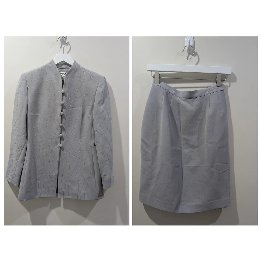 Kasper ASL Petite Skirt Suit Set Grey Floral Embroidered Blazer‎ 4P